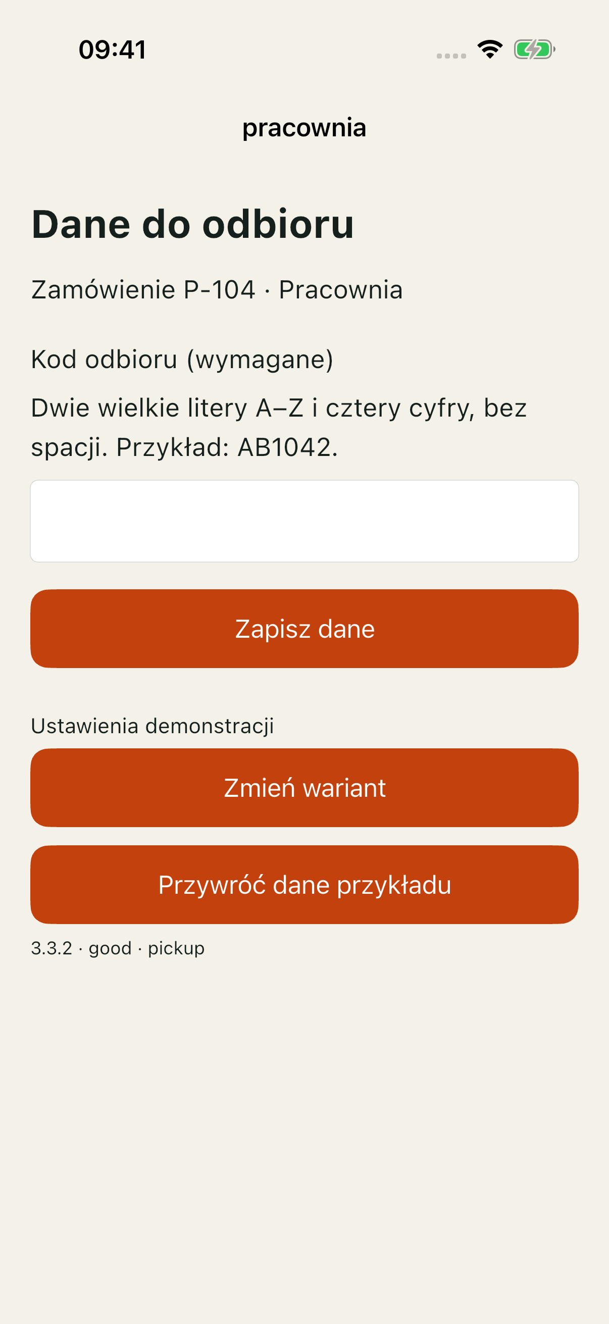 Good: pusty kod odbioru z etykietą wymagania oraz regułą dwóch liter i czterech cyfr.