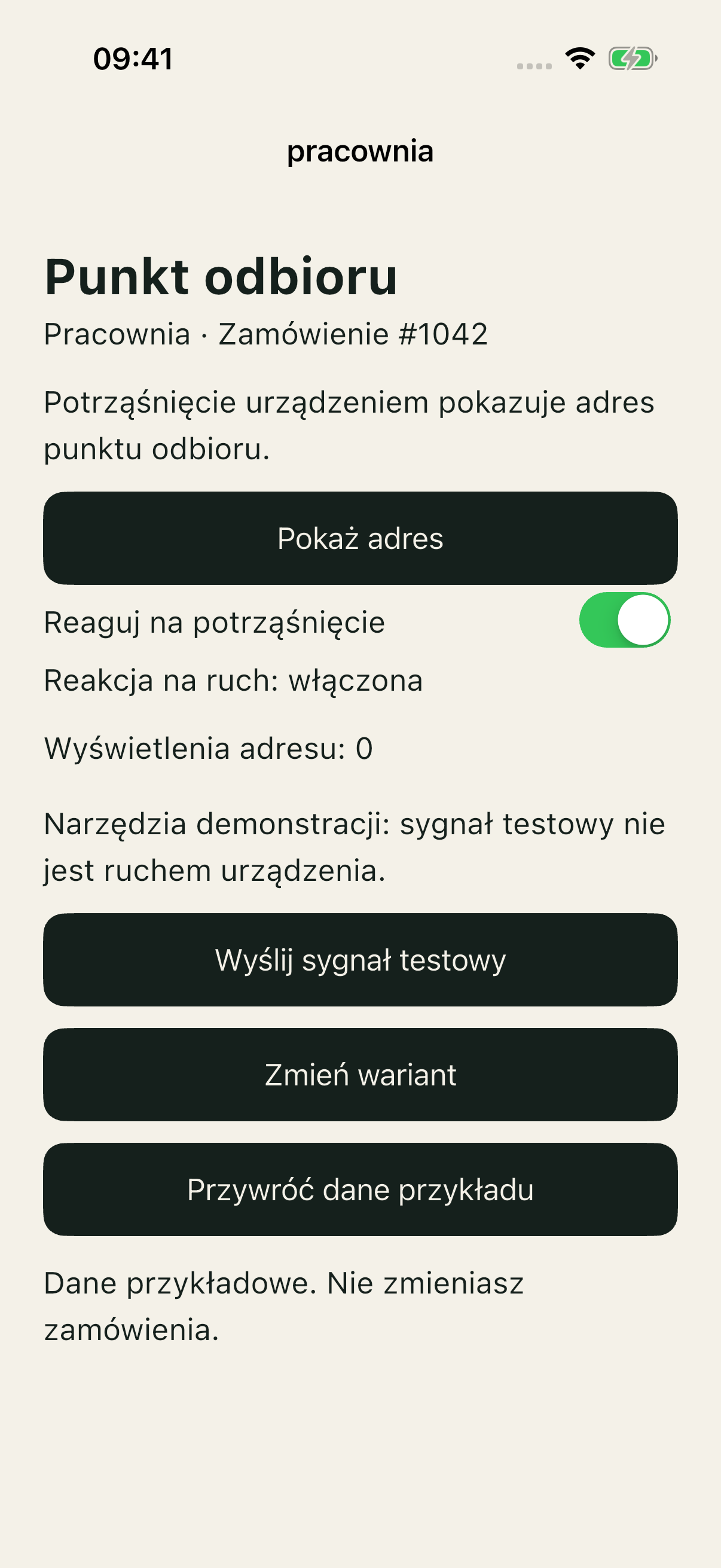 Good: Pokaż adres, włączona reakcja na potrząśnięcie i jawne narzędzia sygnału testowego.