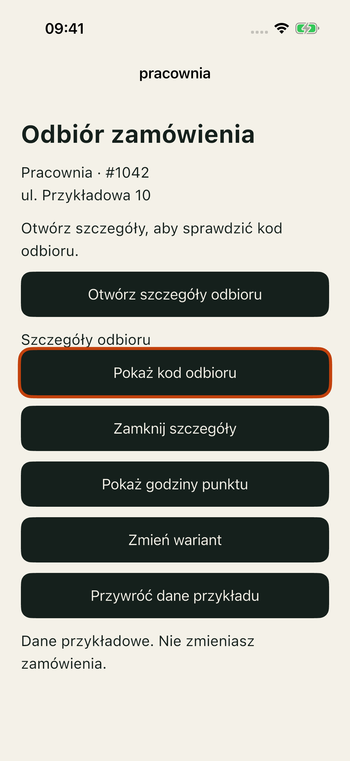 Good panel odbioru: fokus na Pokaż kod odbioru po następnym Tab.