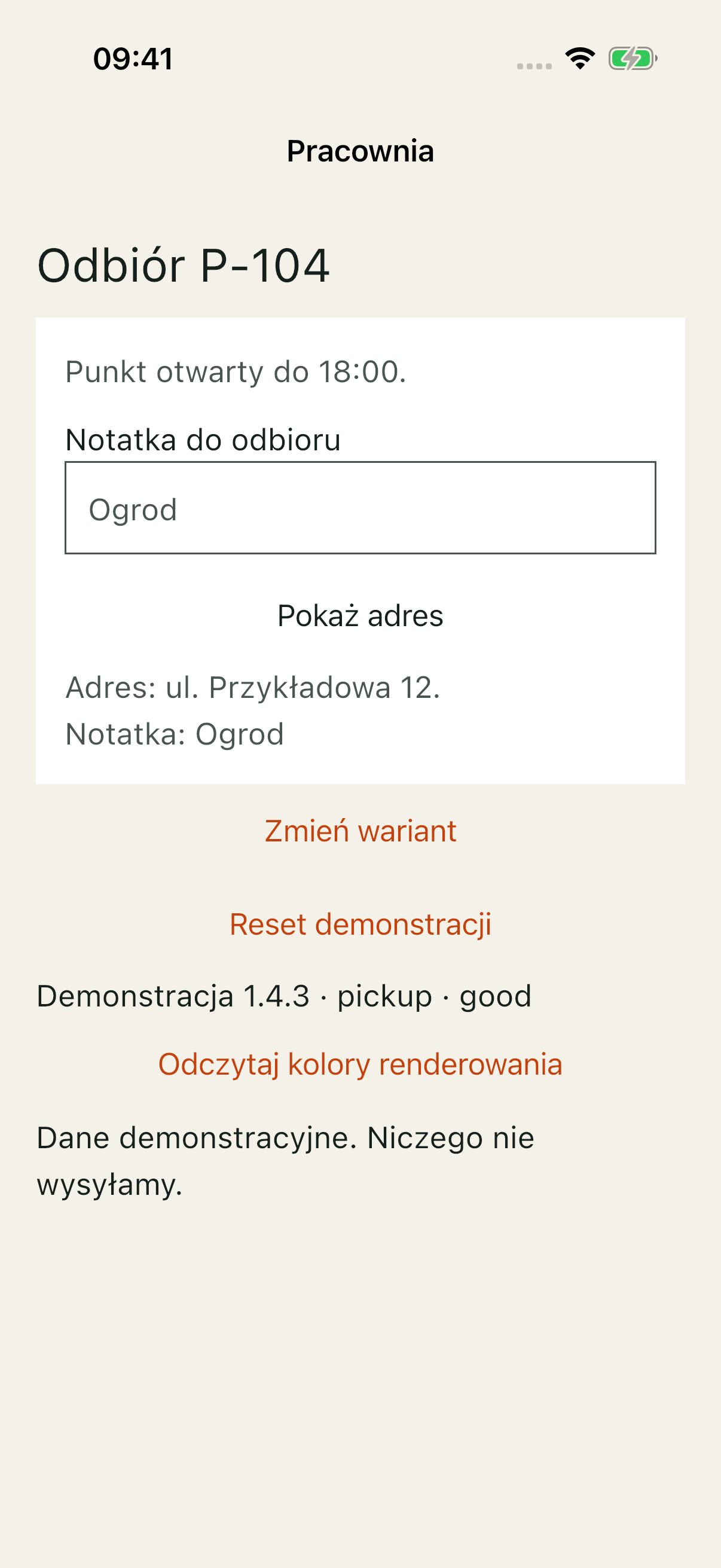 Pracownia iOS po wpisaniu Ogrod: ta sama notatka i adres z poprawioną barwą.