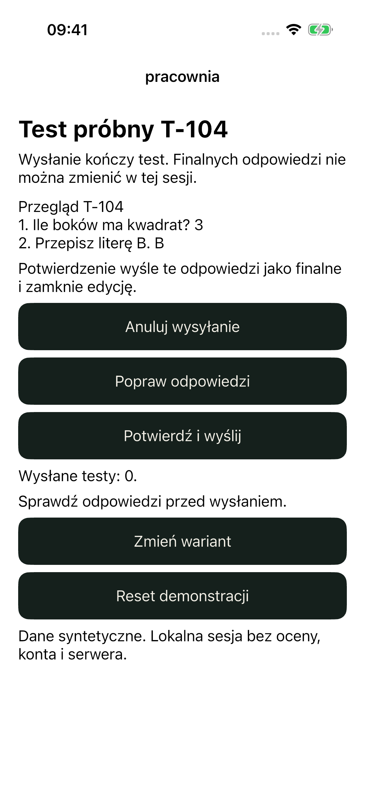 iOS good: przegląd odpowiedzi 3 i B, konsekwencja wysłania oraz Anuluj, Popraw i Potwierdź.