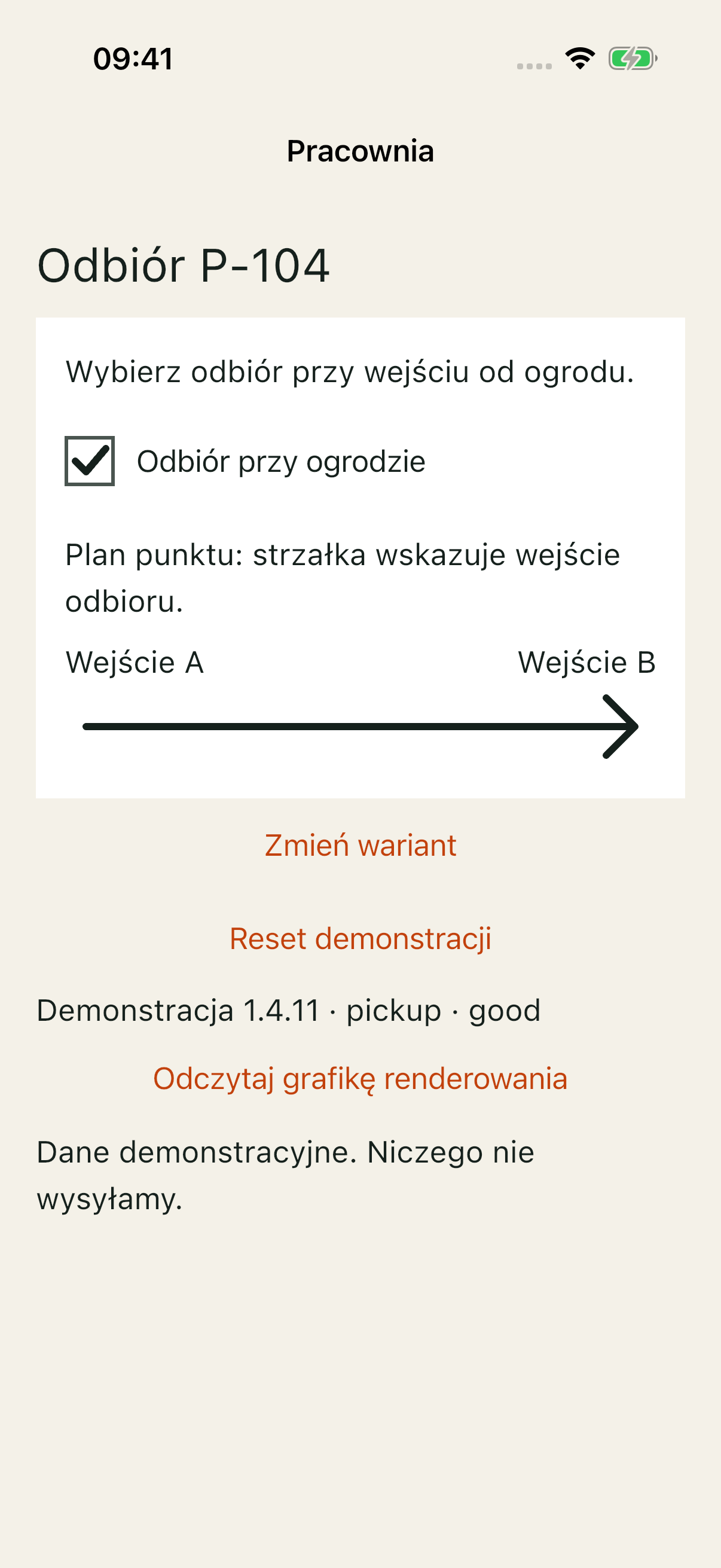 Ta sama Pracownia: ciemny checkmark wskazuje wybór, a ciemna strzałka prowadzi do wejścia B.