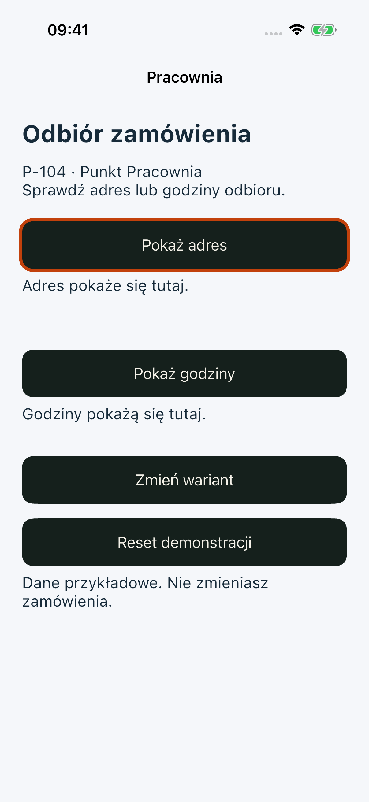 iOS Simulator, P-104: po Tab przycisk Pokaż adres ma pomarańczowy obrys