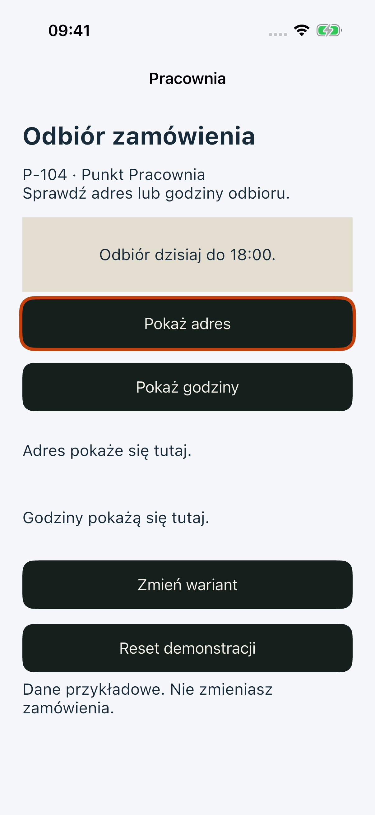 iOS Simulator: powiadomienie nad przyciskami w przepływie; po Tab cały przycisk Pokaż adres z fokusem jest widoczny
