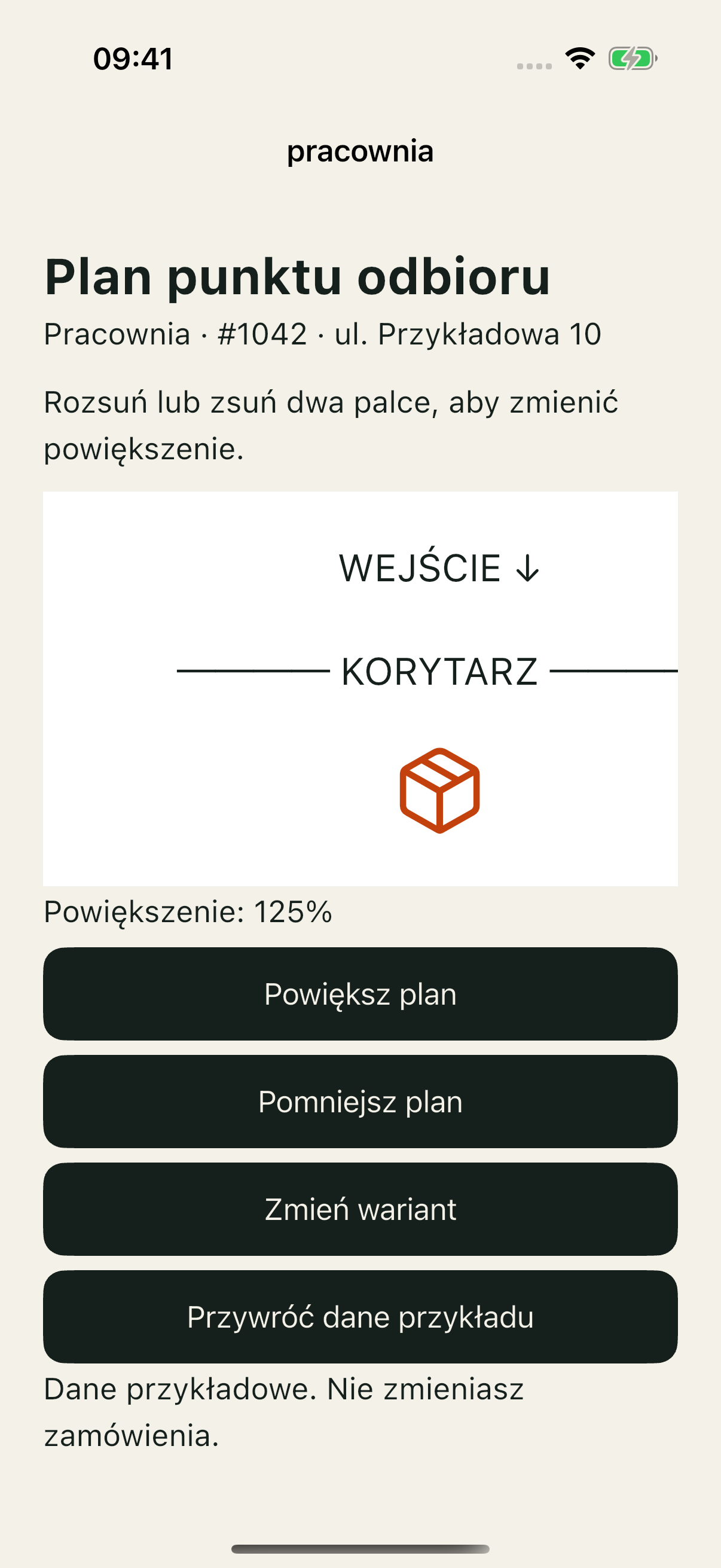 iOS Simulator, dobra demonstracja po pojedynczym tap Powiększ plan: ten sam plan ma skalę 125%.