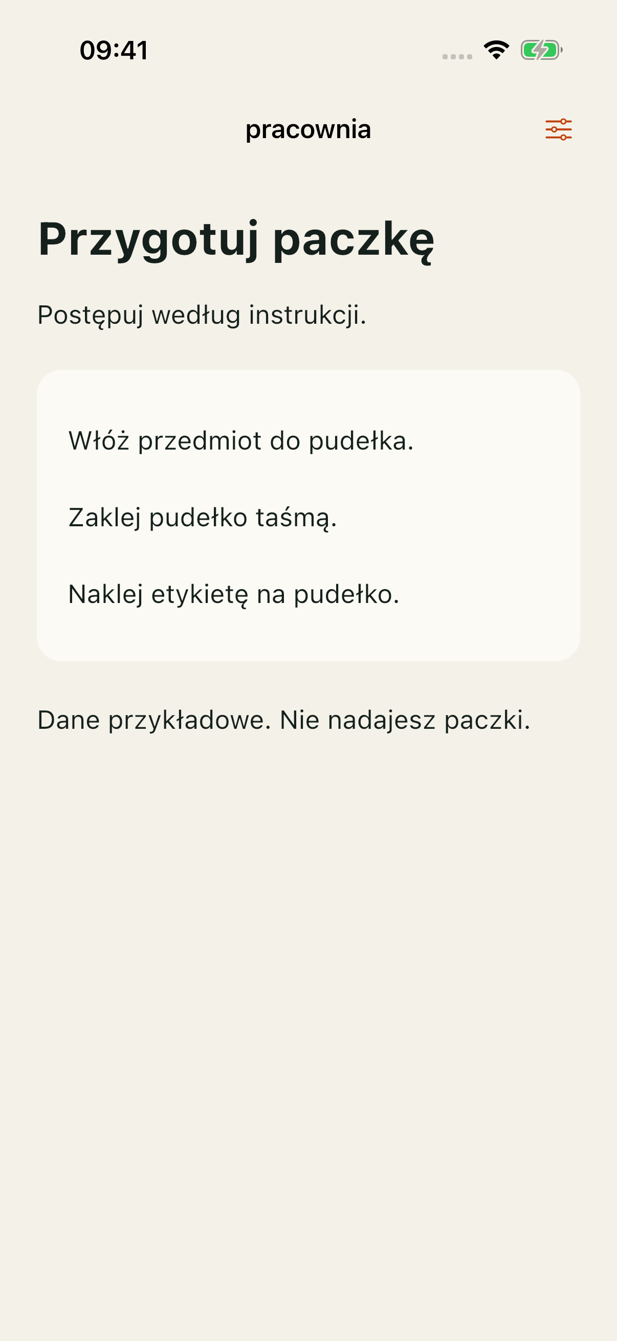 Własna demonstracja Flutter/Cupertino na iOS Simulator 26.5: good, przygotowanie paczki, trzy zdania w kolejności włóż–zaklej–naklej. Screenshot pokazuje widok, bez potwierdzenia kolejności VoiceOver.