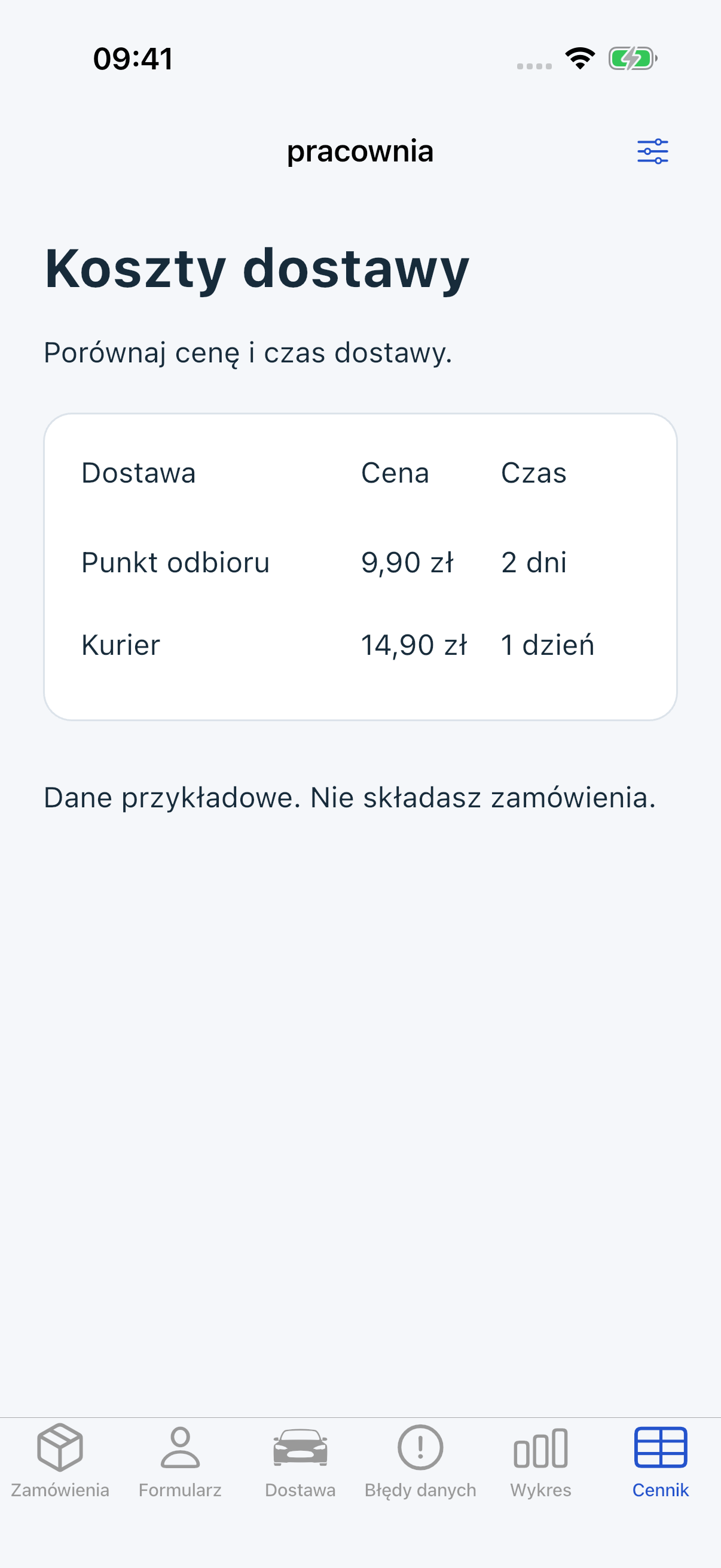 Pracownia na iOS: Koszty dostawy, kolumny Dostawa, Cena, Czas; Punkt odbioru 9,90 zł i 2 dni, Kurier 14,90 zł i 1 dzień.