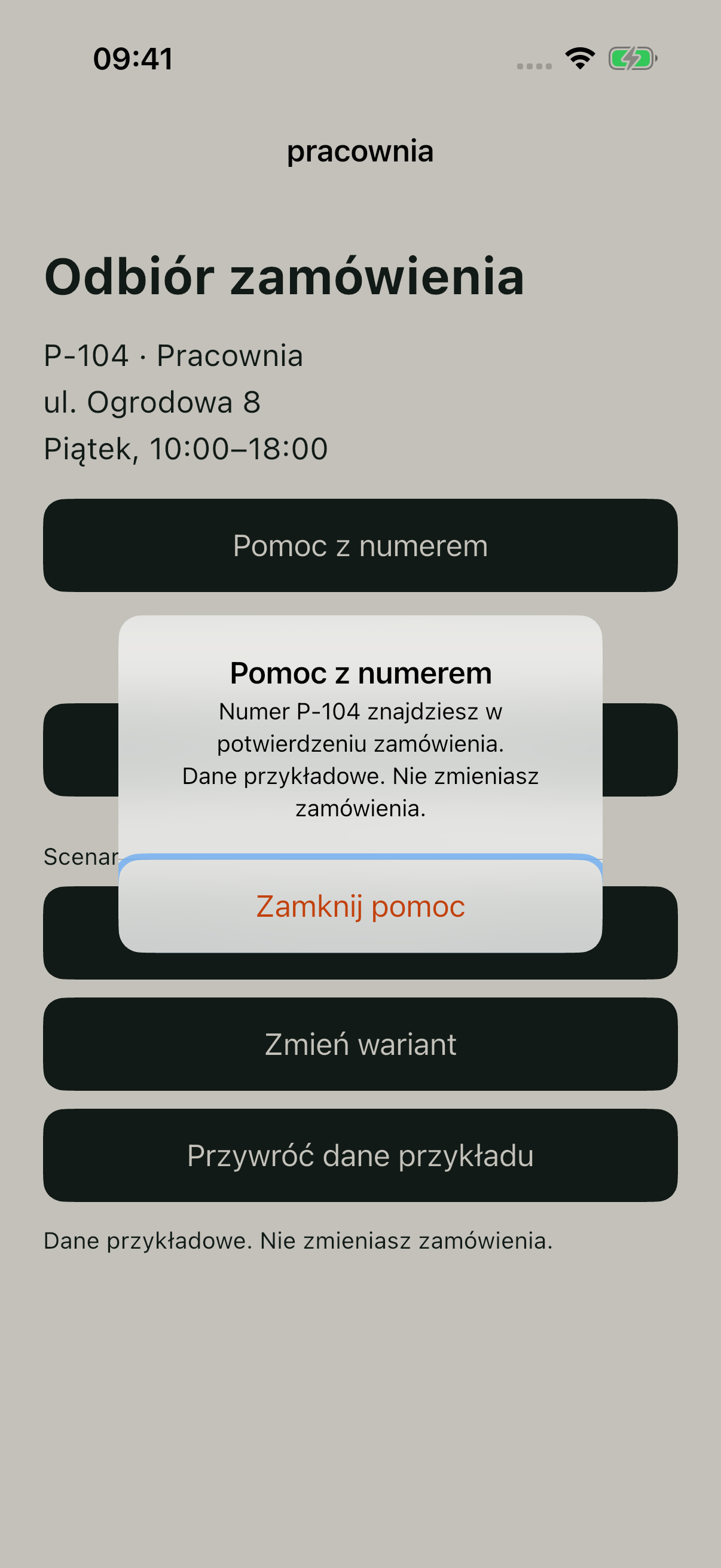 Help/bad po tym samym Tab: modal Pomoc z numerem i przycisk Zamknij pomoc.