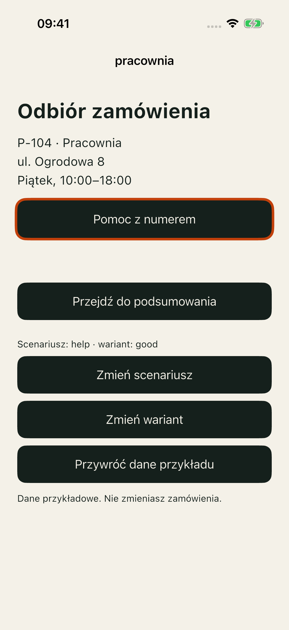 Help/good na iOS Simulator po Tab: formularz P-104 i przycisk Pomoc z numerem z fokusem.