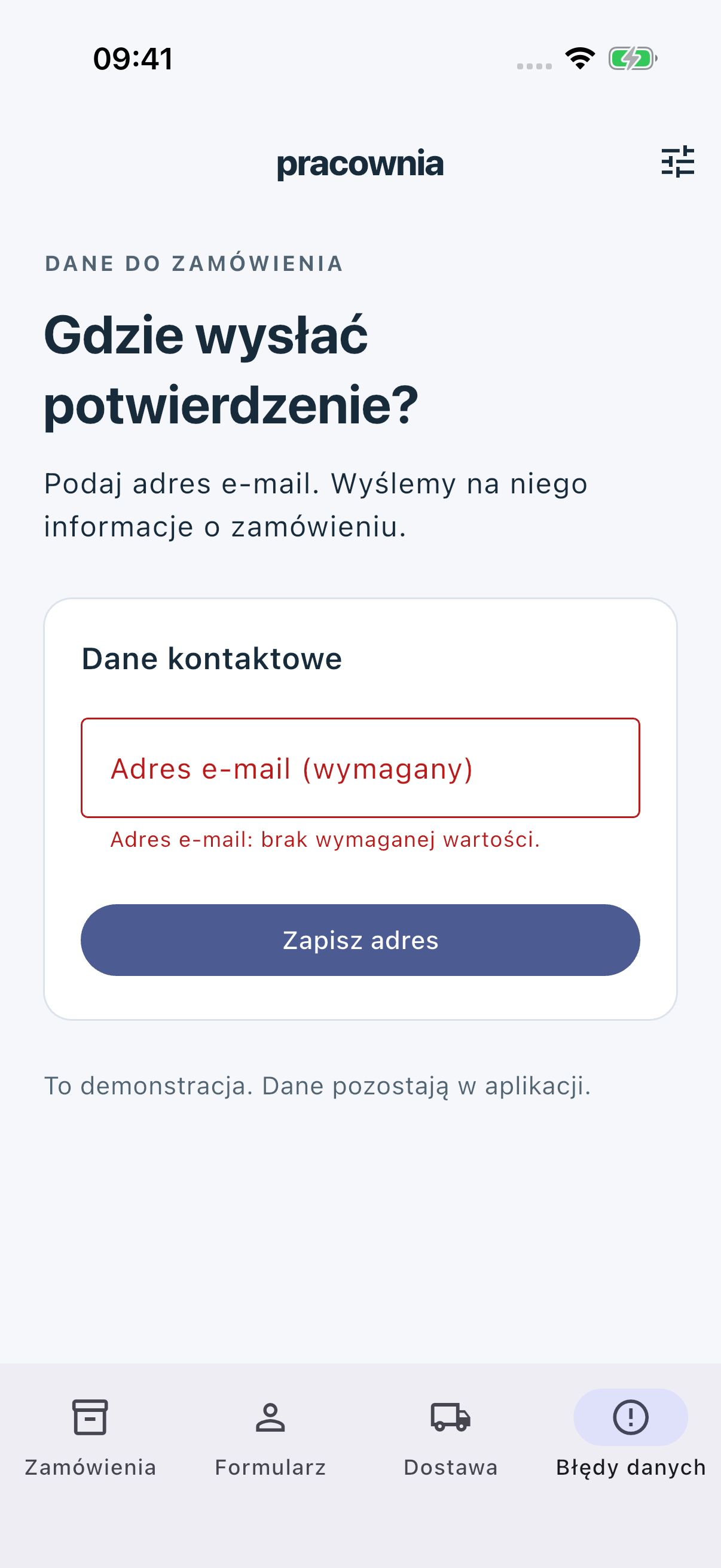 Good po pustym zapisie: Adres e-mail: brak wymaganej wartości.