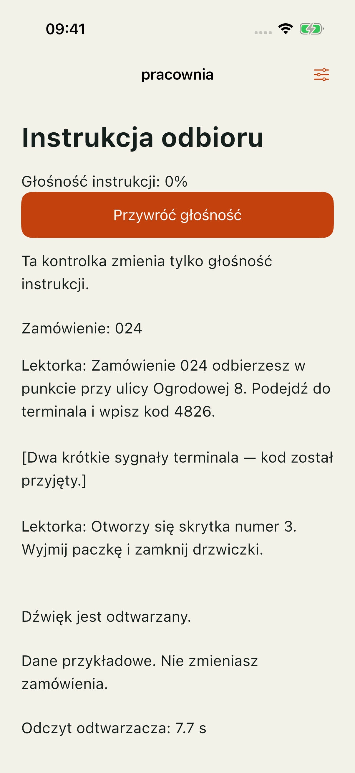Pracownia iOS: głośność instrukcji 0% i przycisk Przywróć głośność.