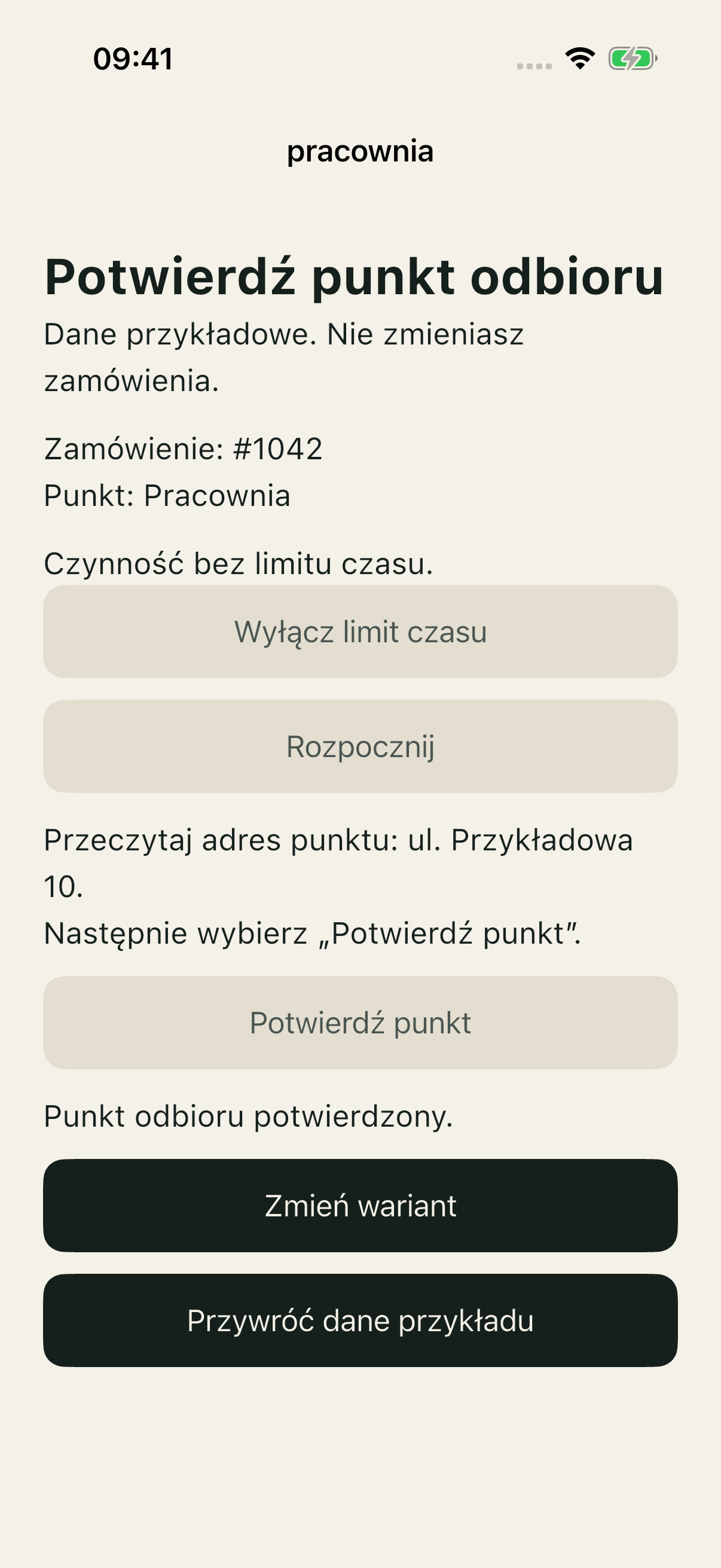 Good po rzeczywistym potwierdzeniu: Punkt odbioru potwierdzony.