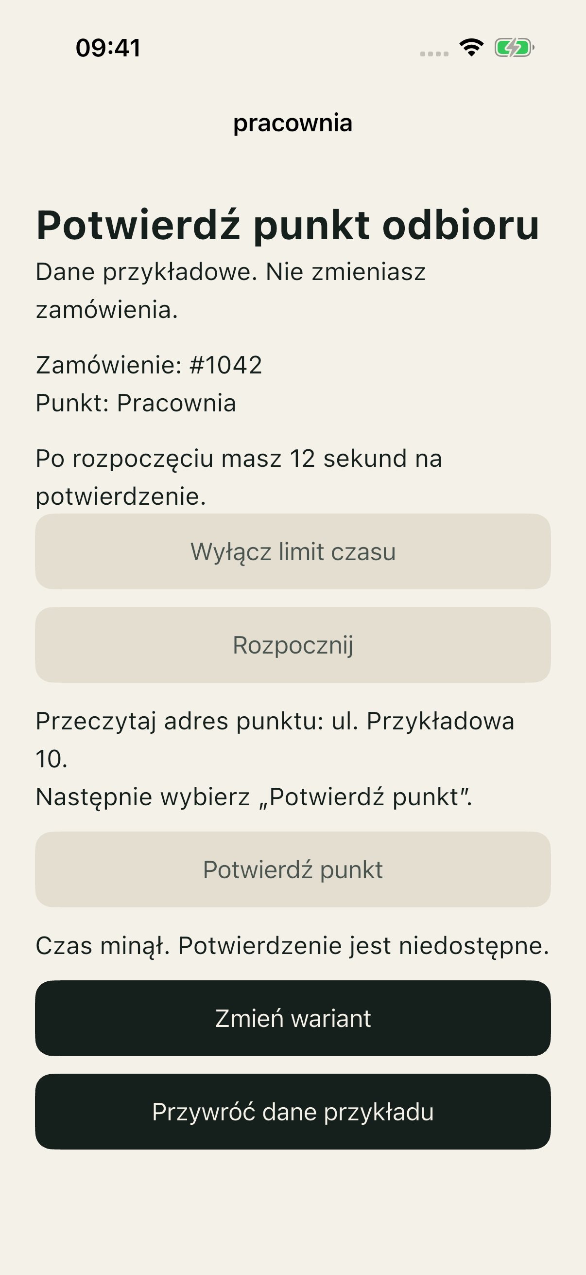 Bad po terminie: Czas minął i nieaktywne Potwierdź punkt.