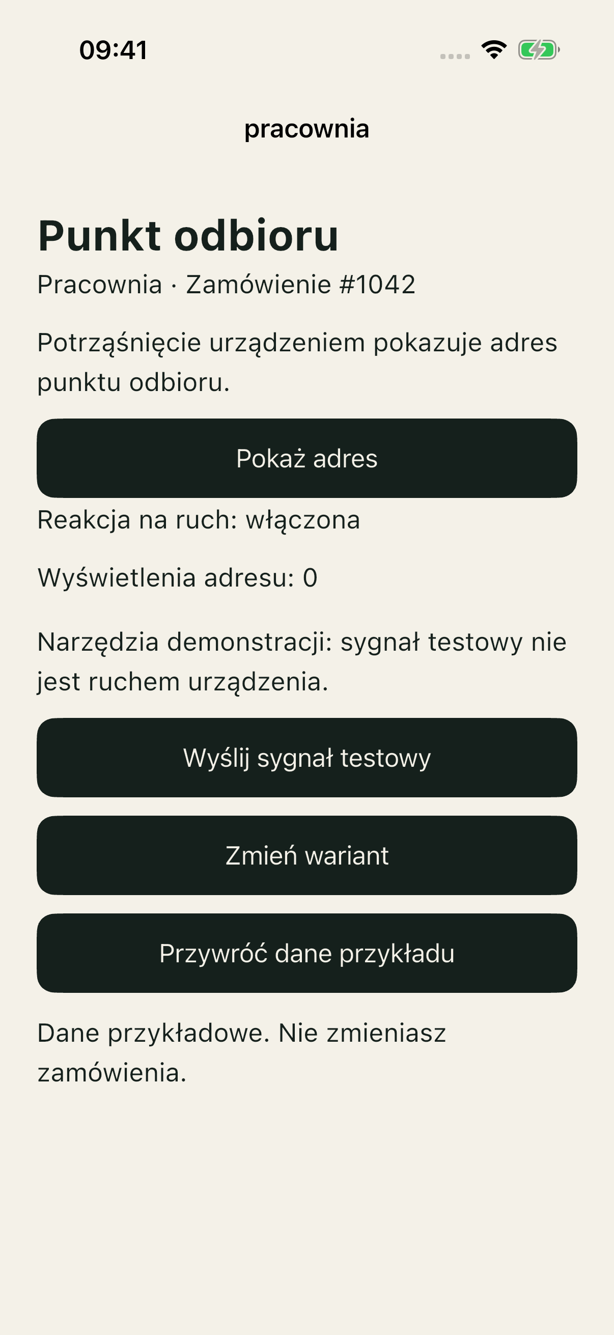 No-disable: przycisk Pokaż adres i sygnał testowy, bez wyłącznika reakcji.