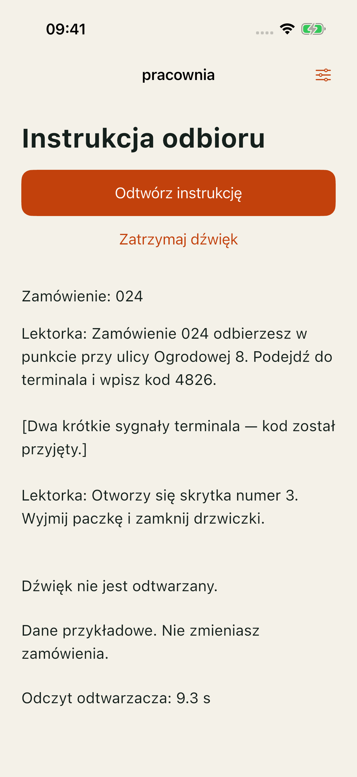 Pracownia iOS po pauzie: tekst instrukcji oraz Odtwórz instrukcję i Zatrzymaj dźwięk.