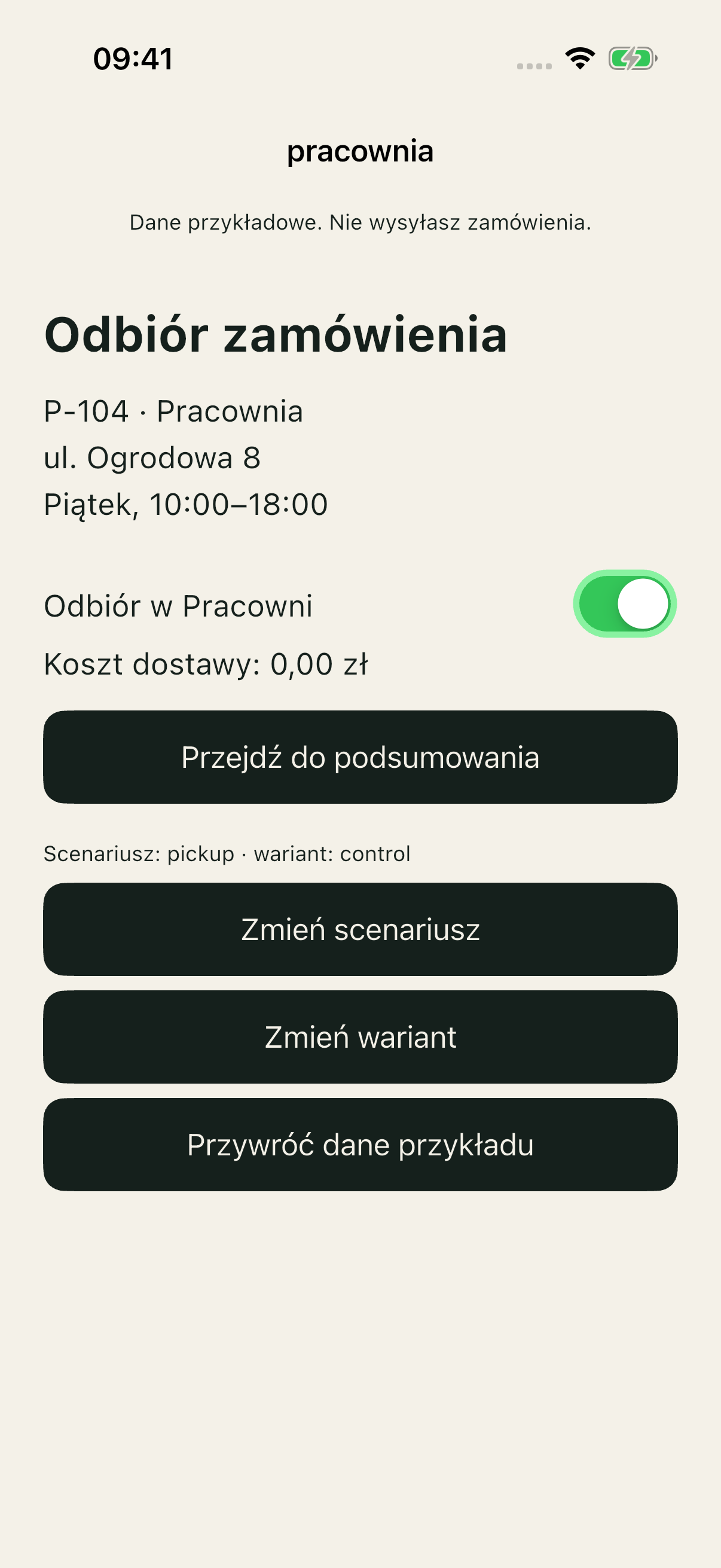 Pickup/control po zmianie: koszt dostawy 0,00 zł w zachowanym formularzu.
