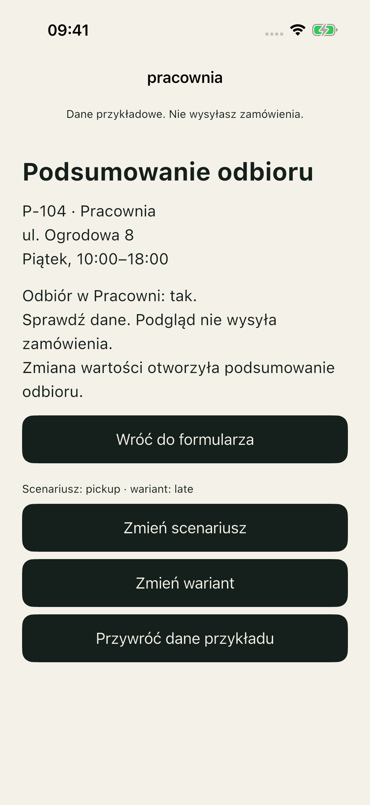 Pickup/late: podsumowanie z informacją o przejściu dopiero po opuszczeniu formularza.