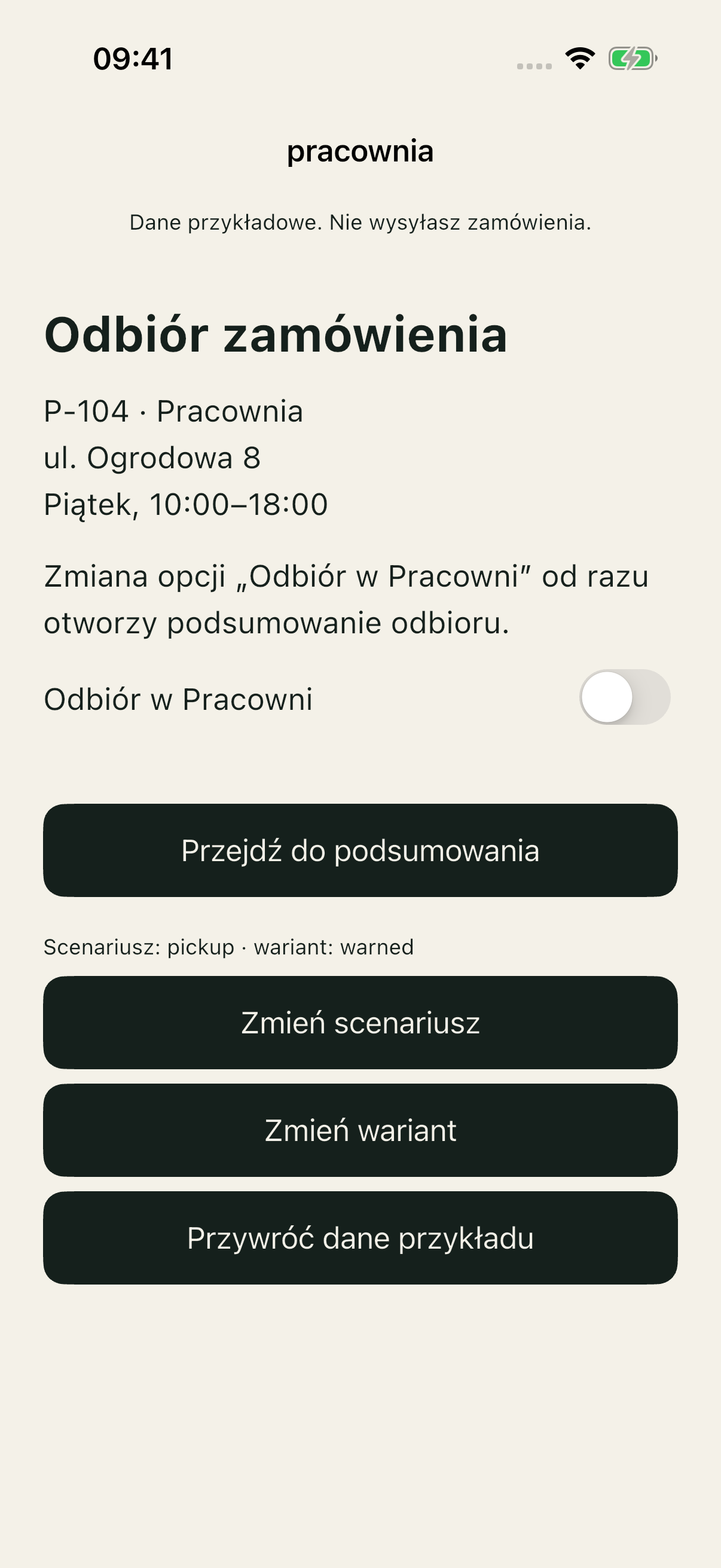 Pickup/warned przed zmianą: instrukcja nad wyłączonym przełącznikiem Odbiór w Pracowni.