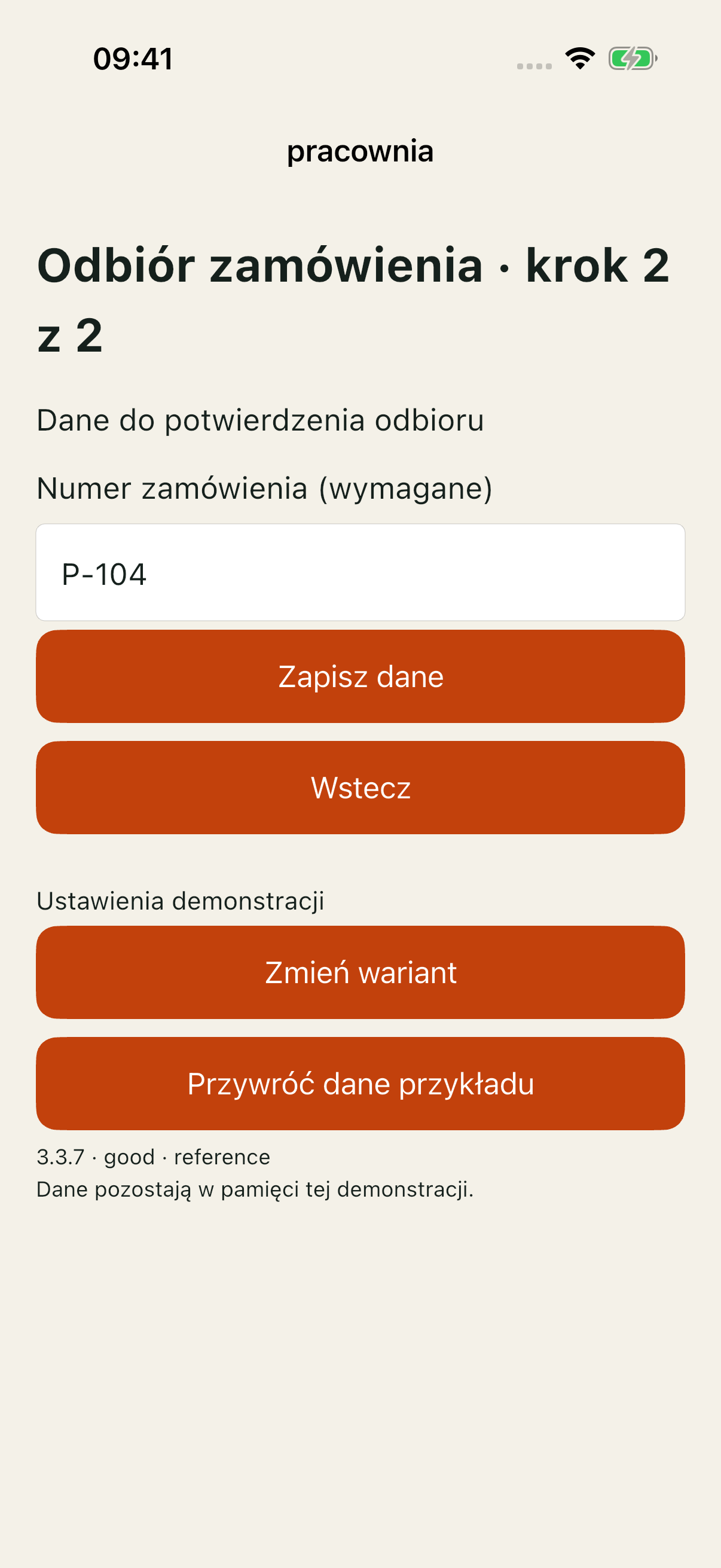 iOS reference good: drugi krok uzupełniony przekazanym P-104.