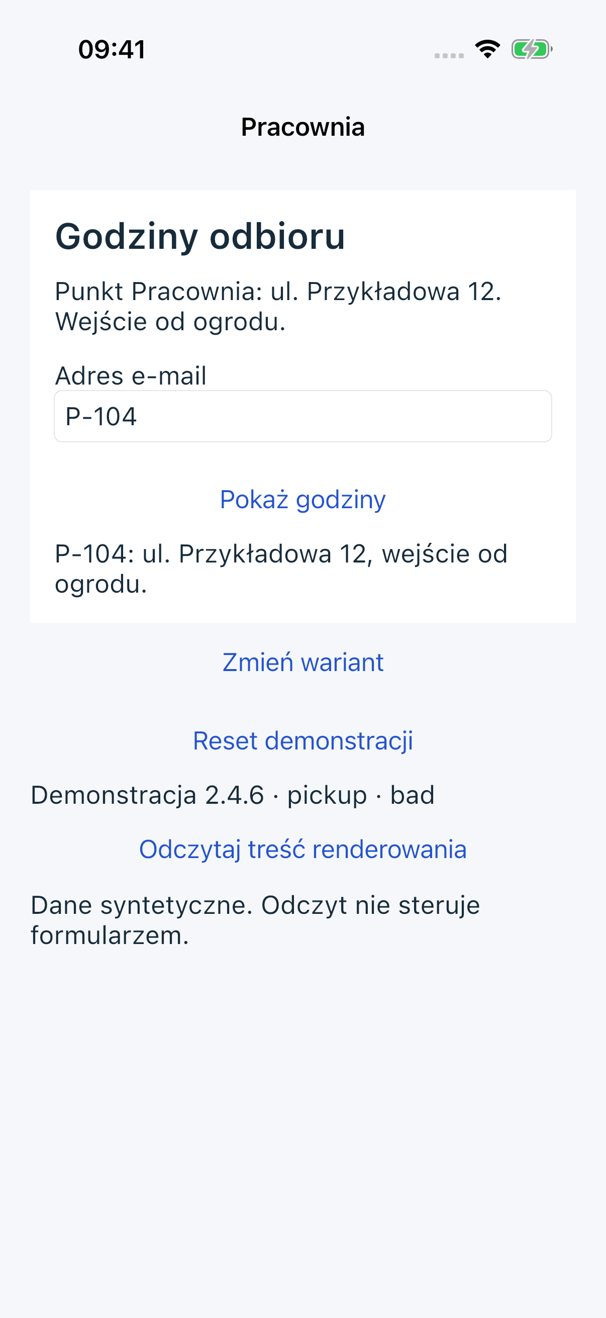 iOS Simulator: przycisk Pokaż godziny ujawnił adres dla wpisanego kodu P-104