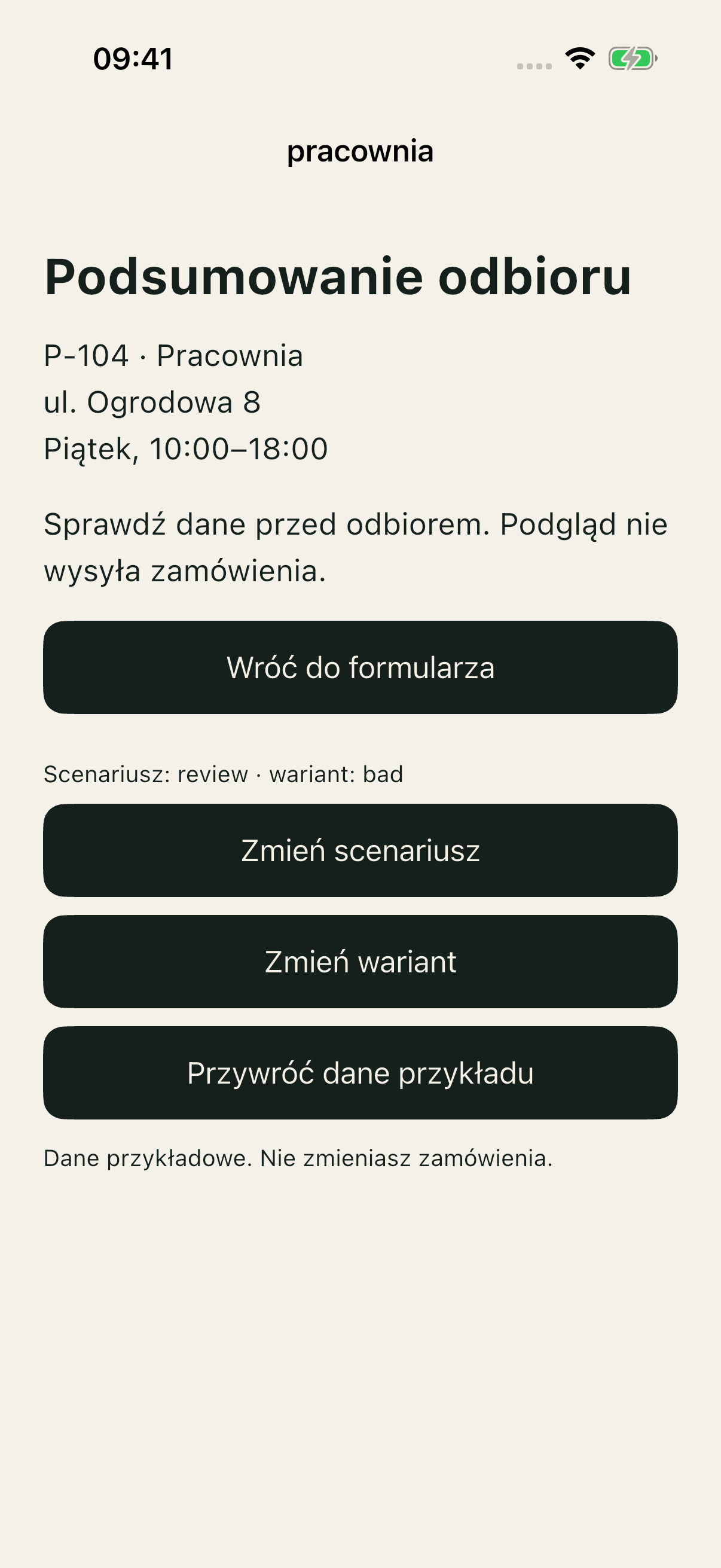 Review/bad po dwóch Tab: podsumowanie P-104 zastąpiło formularz.