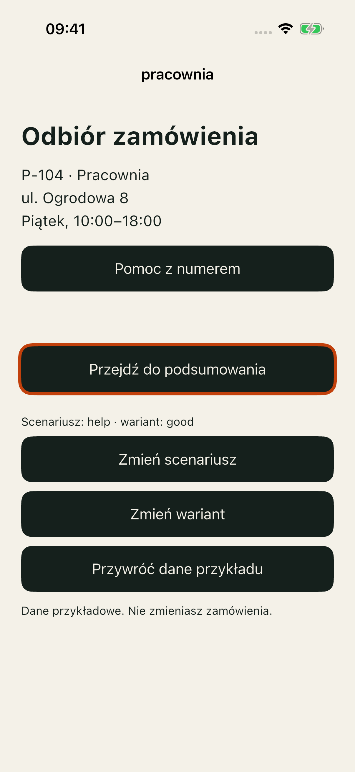 Good na trasie help/good po dwóch Tab: fokus na Przejdź do podsumowania, formularz nadal dostępny.