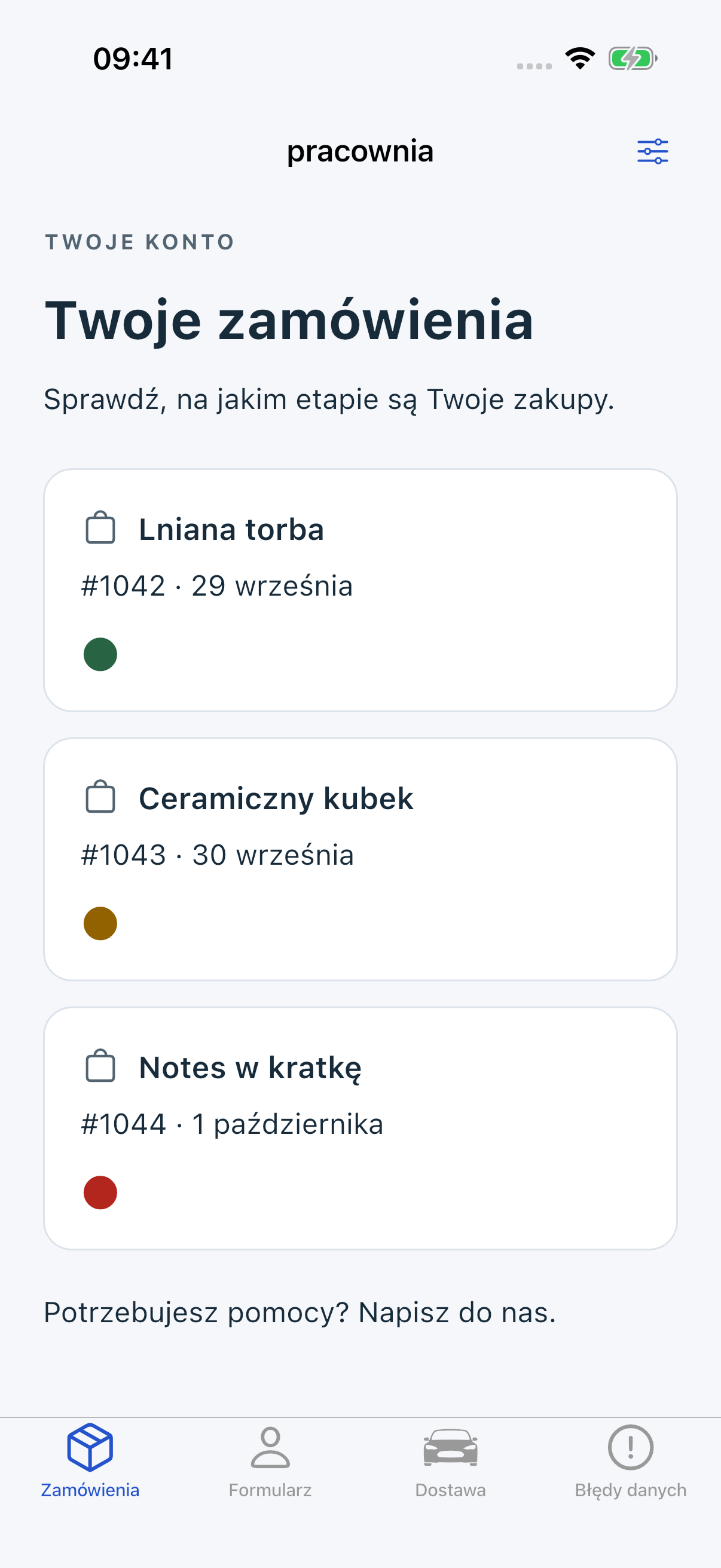 Pracownia iOS Cupertino: trzy zamówienia oznaczone tylko barwnymi kropkami, bez widocznych nazw statusu.