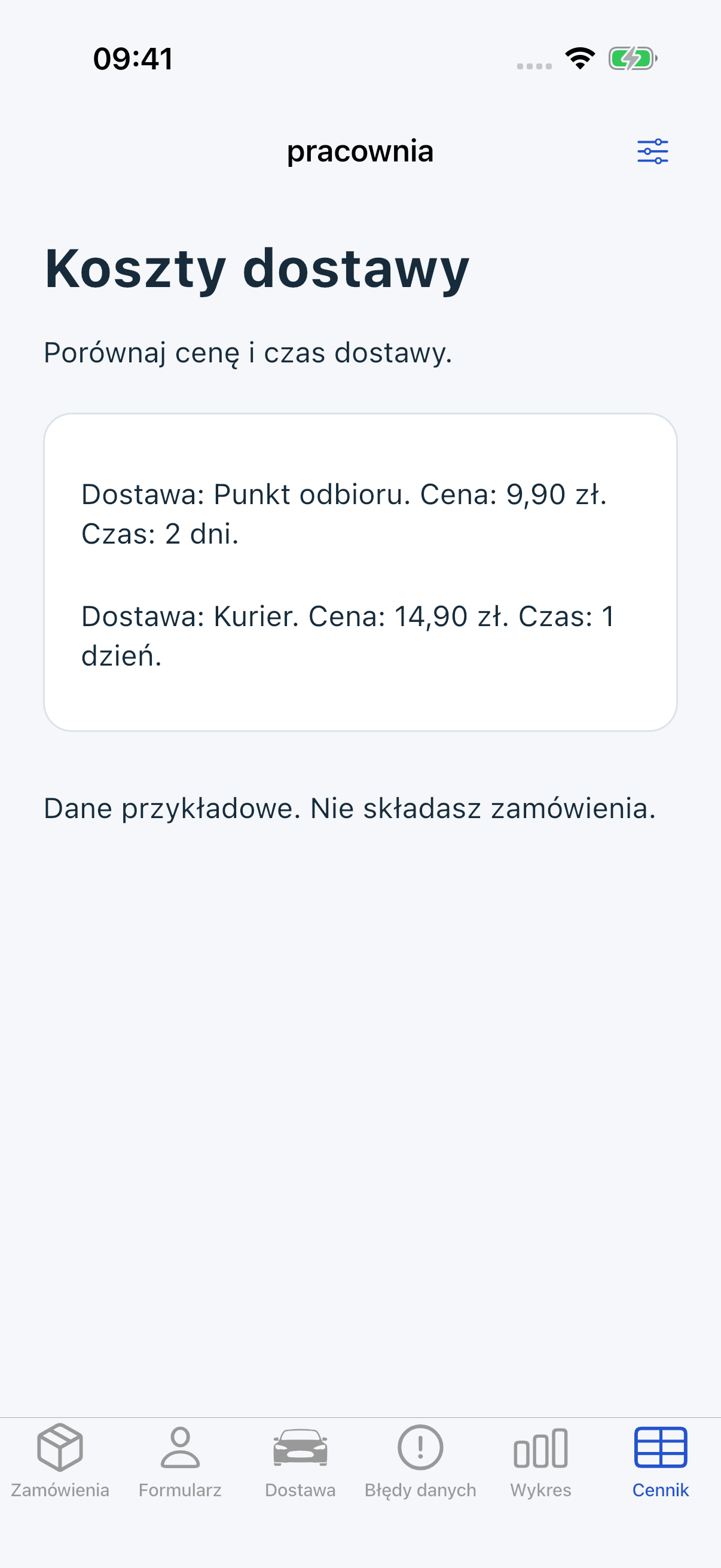 Ta sama Pracownia: dwie pełne informacje o dostawie — Punkt odbioru, Cena 9,90 zł, Czas 2 dni oraz Kurier, Cena 14,90 zł, Czas 1 dzień.