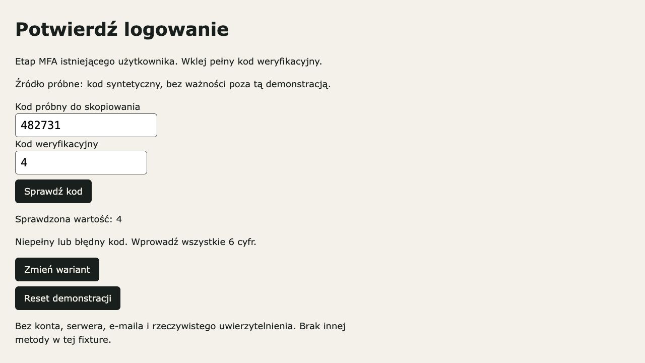 Web bad: widoczny pierwszy znak 4 i odrzucenie lokalnego submit.