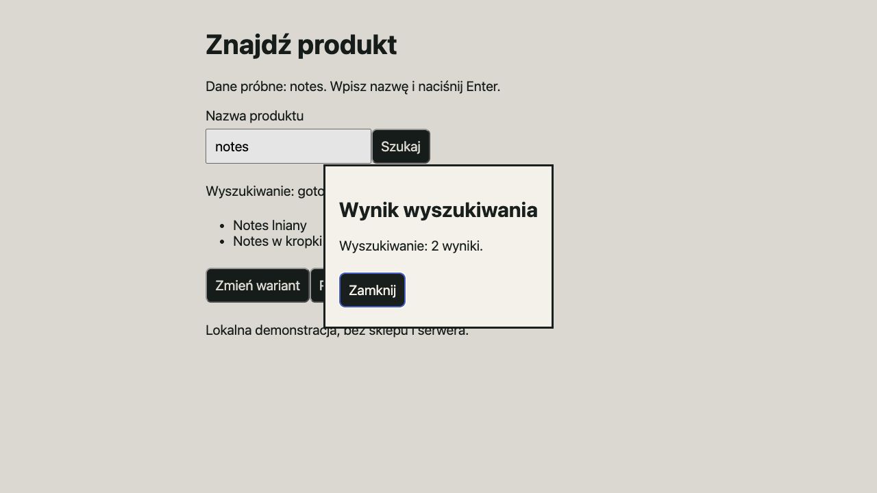 Web control: dialog Wynik wyszukiwania z przyciskiem Zamknij.