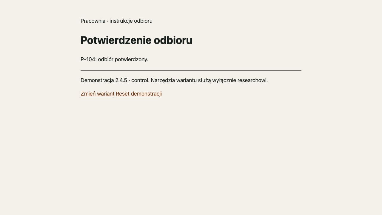 Control WWW: odbiór P-104 wykonany po wymaganym sprawdzeniu i potwierdzeniu.