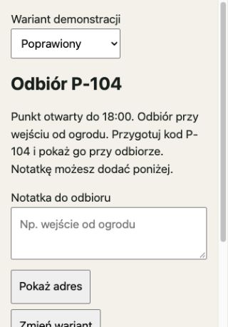 Pracownia WWW clientWidth 320 CSS px: instrukcja zawija się, pole i Pokaż adres dostępne.