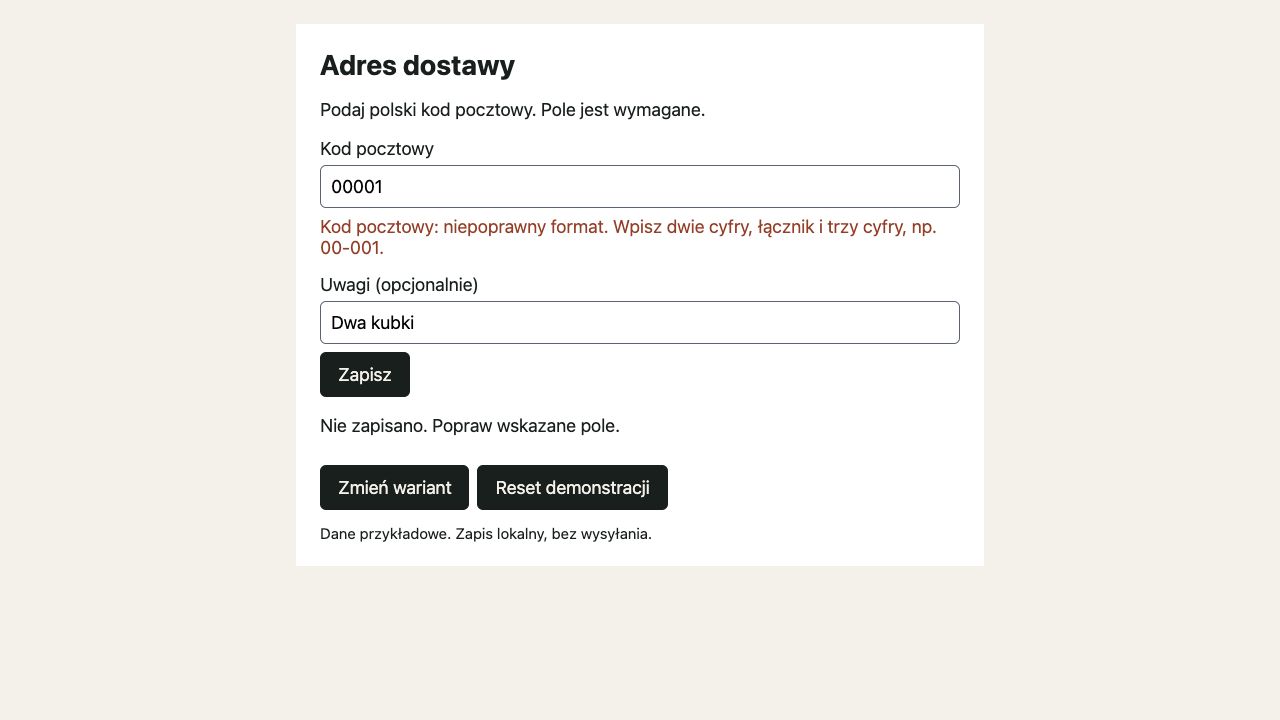 Web good: przy tym samym błędzie podano format i przykład 00-001.