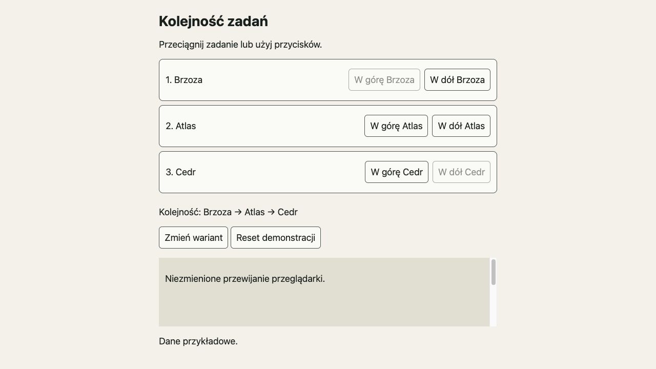 Lista webowa po kliknięciu W dół Atlas: Brzoza, Atlas, Cedr.