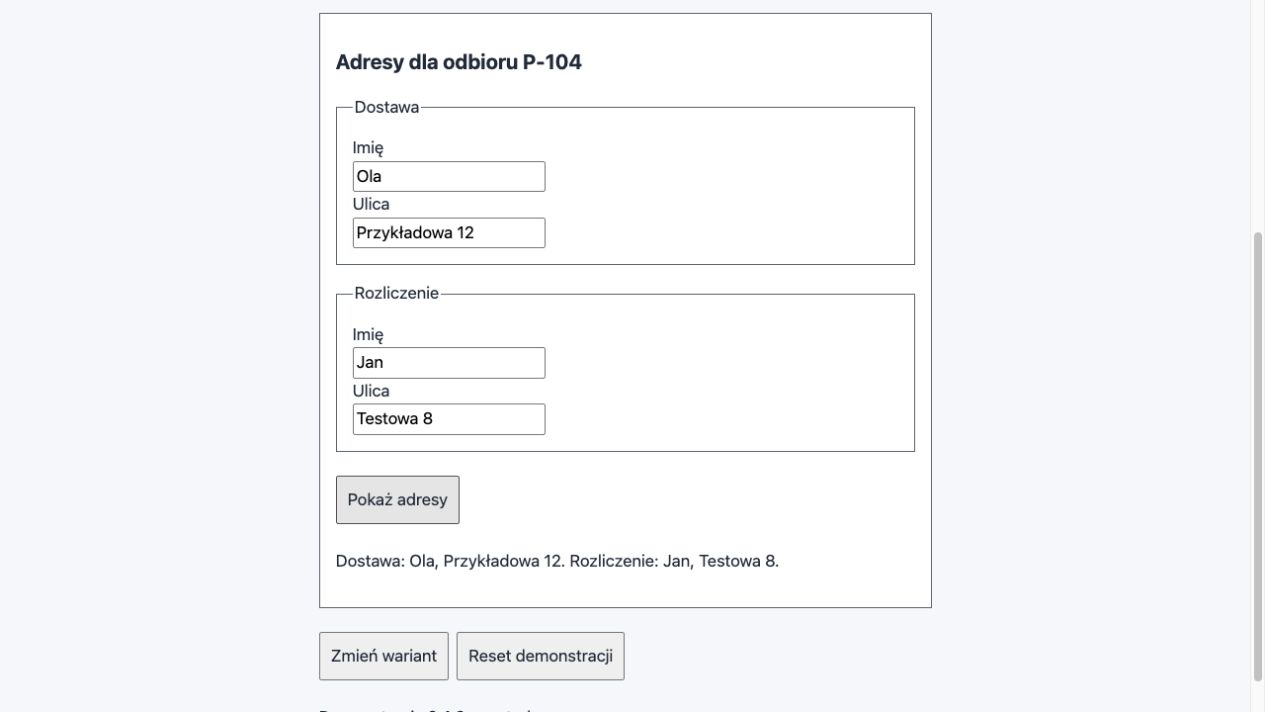 WWW: dwa zestawy pól Imię i Ulica pod widocznymi grupami Dostawa oraz Rozliczenie, z wynikiem obu zestawów